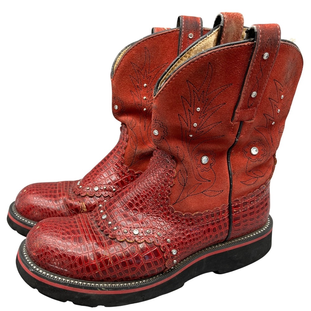 Ariat Fatbaby Western Boots Womens 8 Red 4LR Croc Embossed Rhinestone Studs